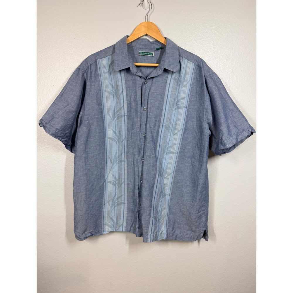 Cubavera Button Down Mens XL‎ Blue Linen Cotton Blend Camp Shirt Tropical Panel